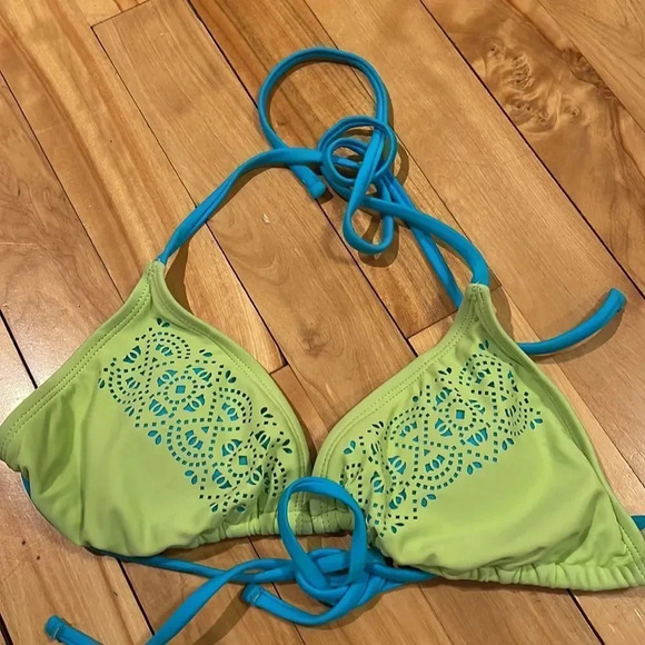 Arizona Jeans lime/teal laser cut design halter tie bikini. Small. - Picture 2 of 4